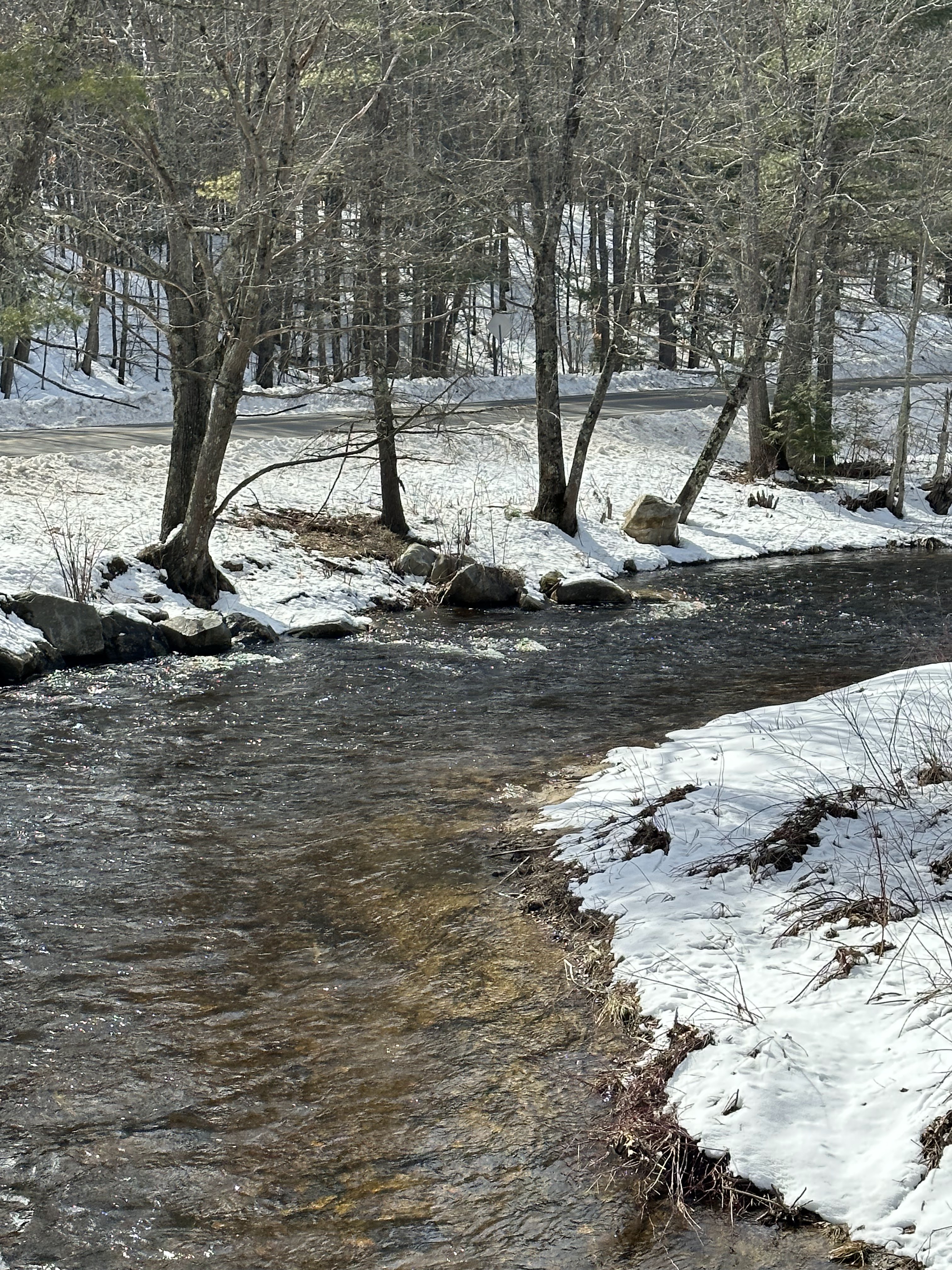 New Hampshire personal injury lawyer Attorney Buckley features this photo of a New Hamphire river flowing towards the photographer. On the left bank, sparse trees with no leaves lean over the river. Snow is on the ground, and a road is in the photo's background. On the right bank, some bare shrubs and roots grow on the riverbank.